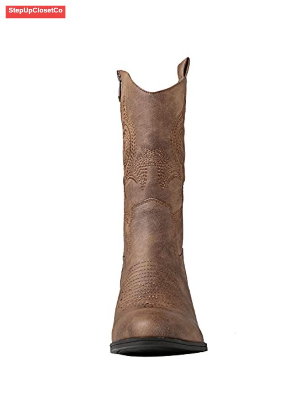 Women's Mid Calf Cowgirl Boots Chunky Low Heel Faux Leather Zip Closure - Picture 3 of 6